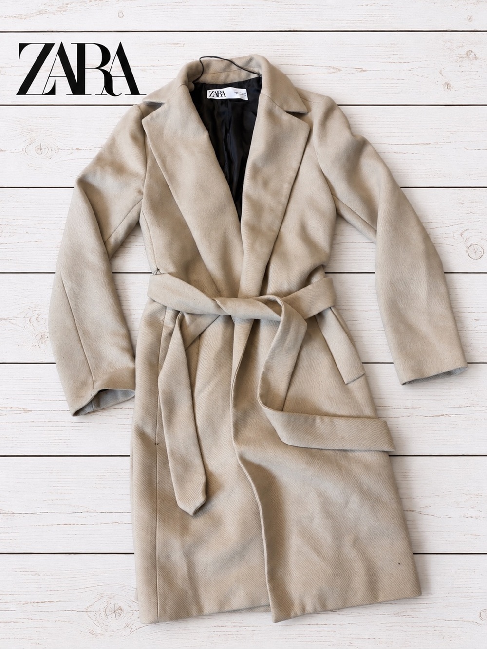 Zara Beige Belted Wool-Blend Pea Coat